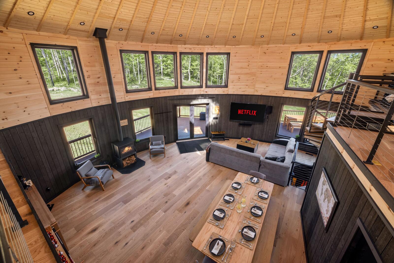 Kitchen, dining and living areas seen from the loft